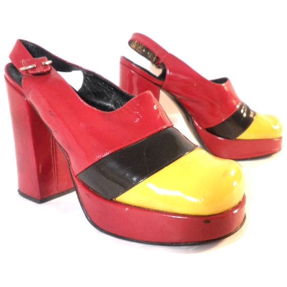 Vintage 1970's DISCO DIVA High-Heeled Red, Yellow, and Black Patent Leather Italian Platform Slingbacks
