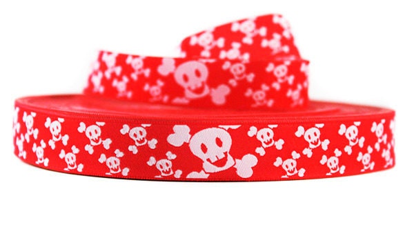 3 m Jacquard Ribbon Happy Skully Ribbon red