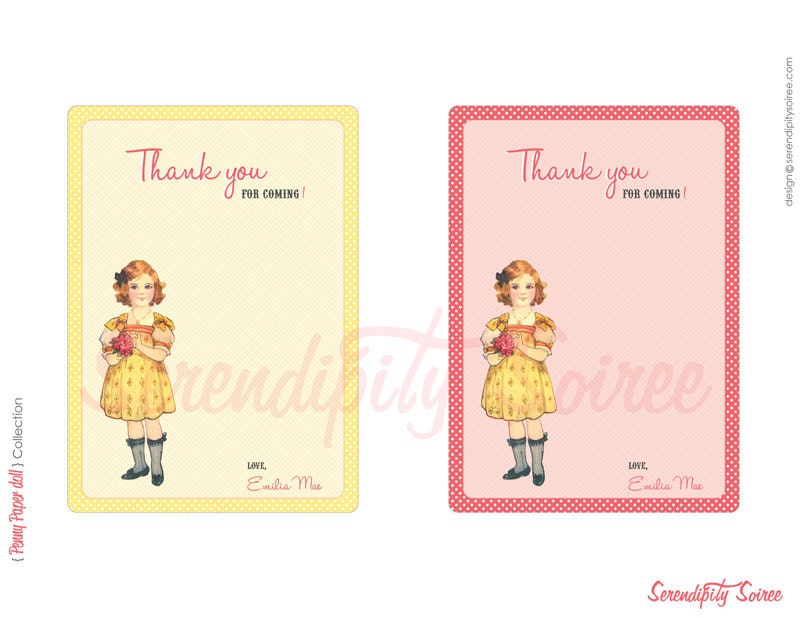 Paper Doll Party - Custom printable 4X6 Thank you Cards (Penny Paper Doll Collection)