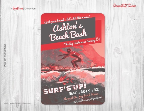 Vintage Surfer Party - Custom Printable Invitation - Surfer Party, Beach Party, Swimming Party, Pool Party Il_570xn