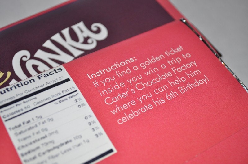 Willy Wonka Chocolate bar wrapper and golden ticket - Invitation - replica version.
