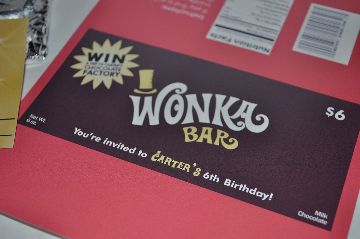 Willy Wonka Chocolate bar wrapper and golden ticket - Invitation - replica version.