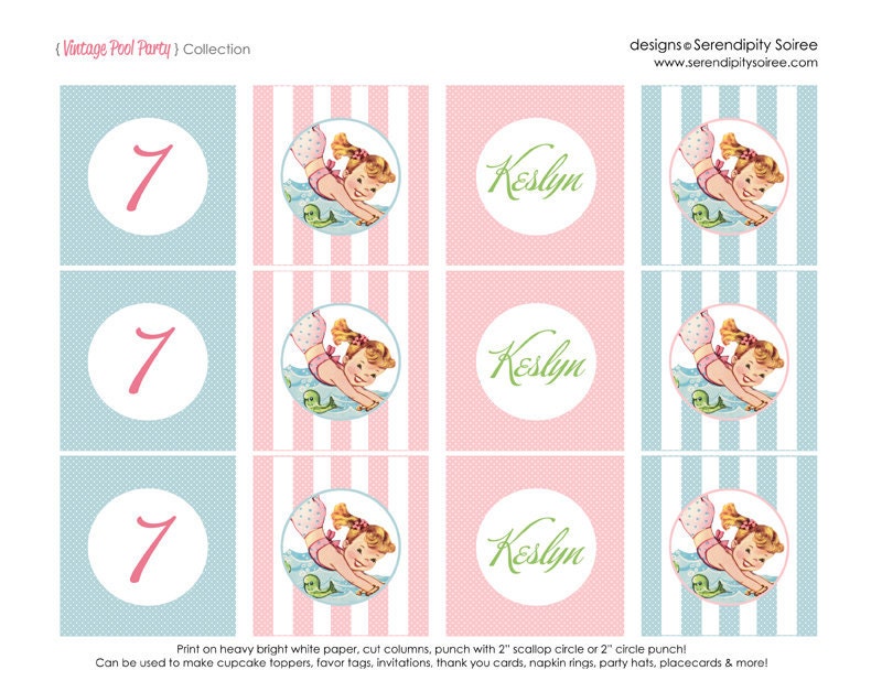 Vintage Pool Party- Custom Printable Party Circles/toppers- Beach Party, Swimming Party, Pool Party, itsy bitsy teeny weeny