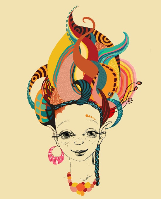 The Girl Art Print Abstract Modern Sweet Portrait of a girl with a big hairdo,  Whimsical original illustration 8 x 10