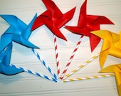 Red, Blue and Yellow Big Top Paper Pinwheels on Paper Straws Set of 6