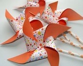 Bright Dots and Orange Paper Pinwheels on Paper Straws Set of 4