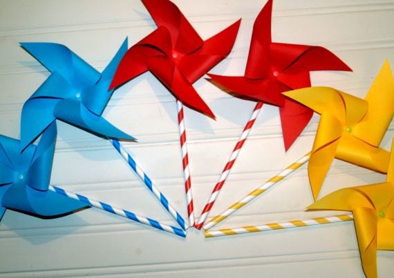 Red, Blue and Yellow Big Top Paper Pinwheels on Paper Straws Set of 6 Il_570xn