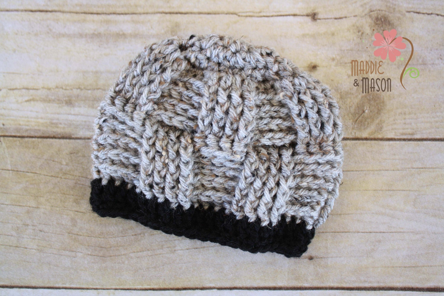 SALE - READY To SHIP - Woven Pattern Button Beanie in Gray Flecks - Newborn