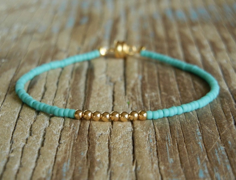 Delicate Tiny Matt Opaque Turquoise & Small Gold Beaded Friendship Bracelet