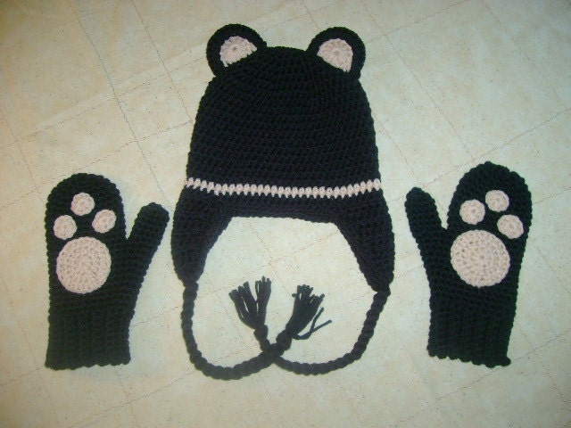 Black Bear Hat and Mitten Set Available in Any Size