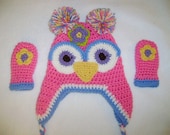 Light Pink and Periwinkle Blue Owl Hat and Mitten Set Available in Any Size