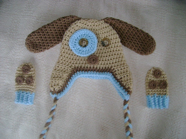 Puppy Dog Hat and Mitten Set Available in Any Size
