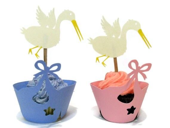 Stork Cupcake Wrappers AND Toppers - set of 24 Il_570xn