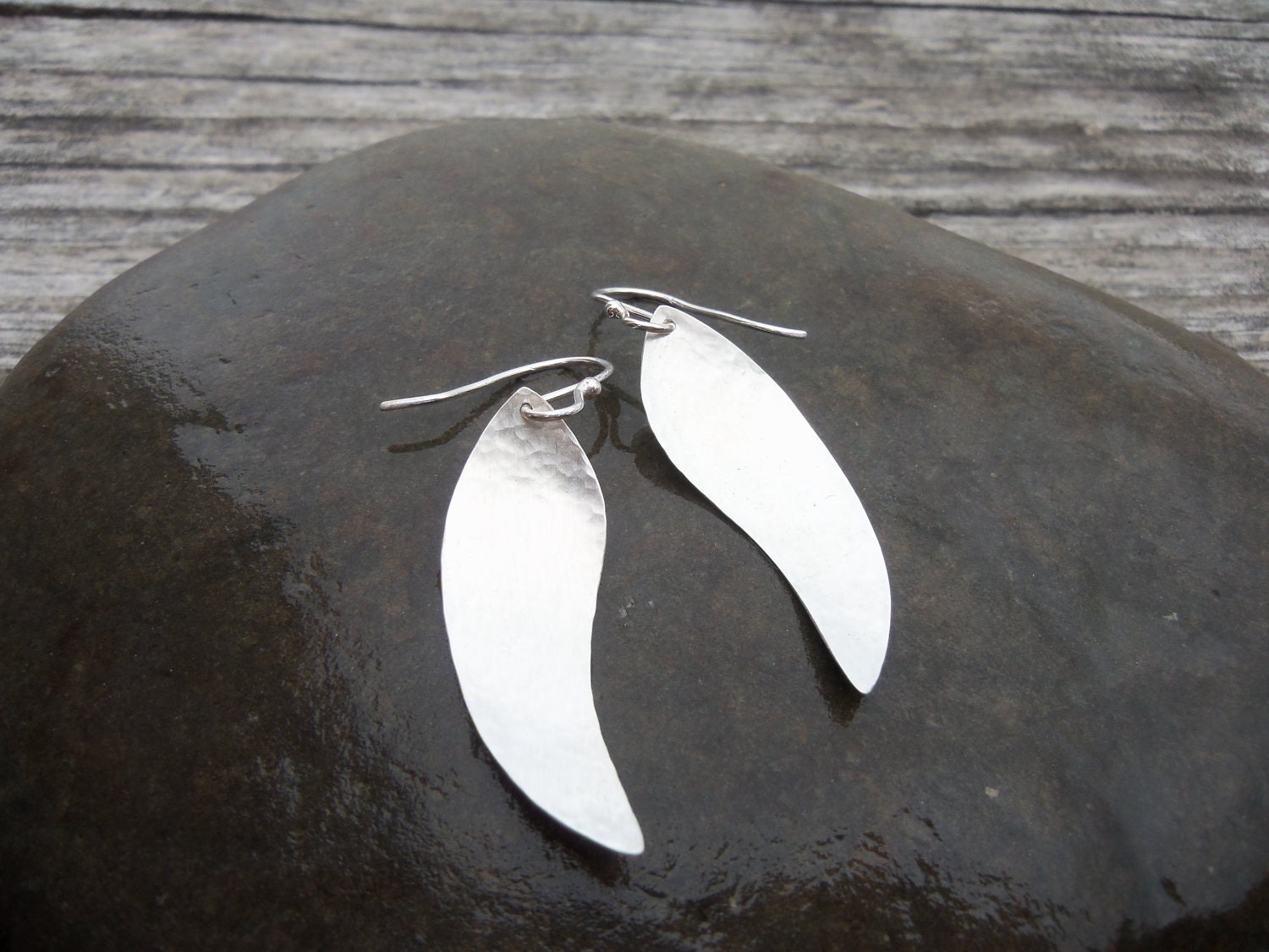 Hammered Sterling Silver Feather Earrings. Forged silver Leaves