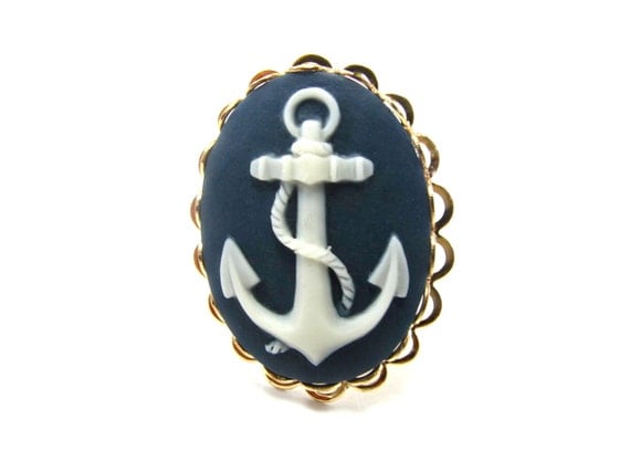 Anchor Cameo Ring - Nautical Navy Blue and White Anchor Ring - Navy and Gold Anchor Jewelry - Nautical Accessory - Nautical Ring