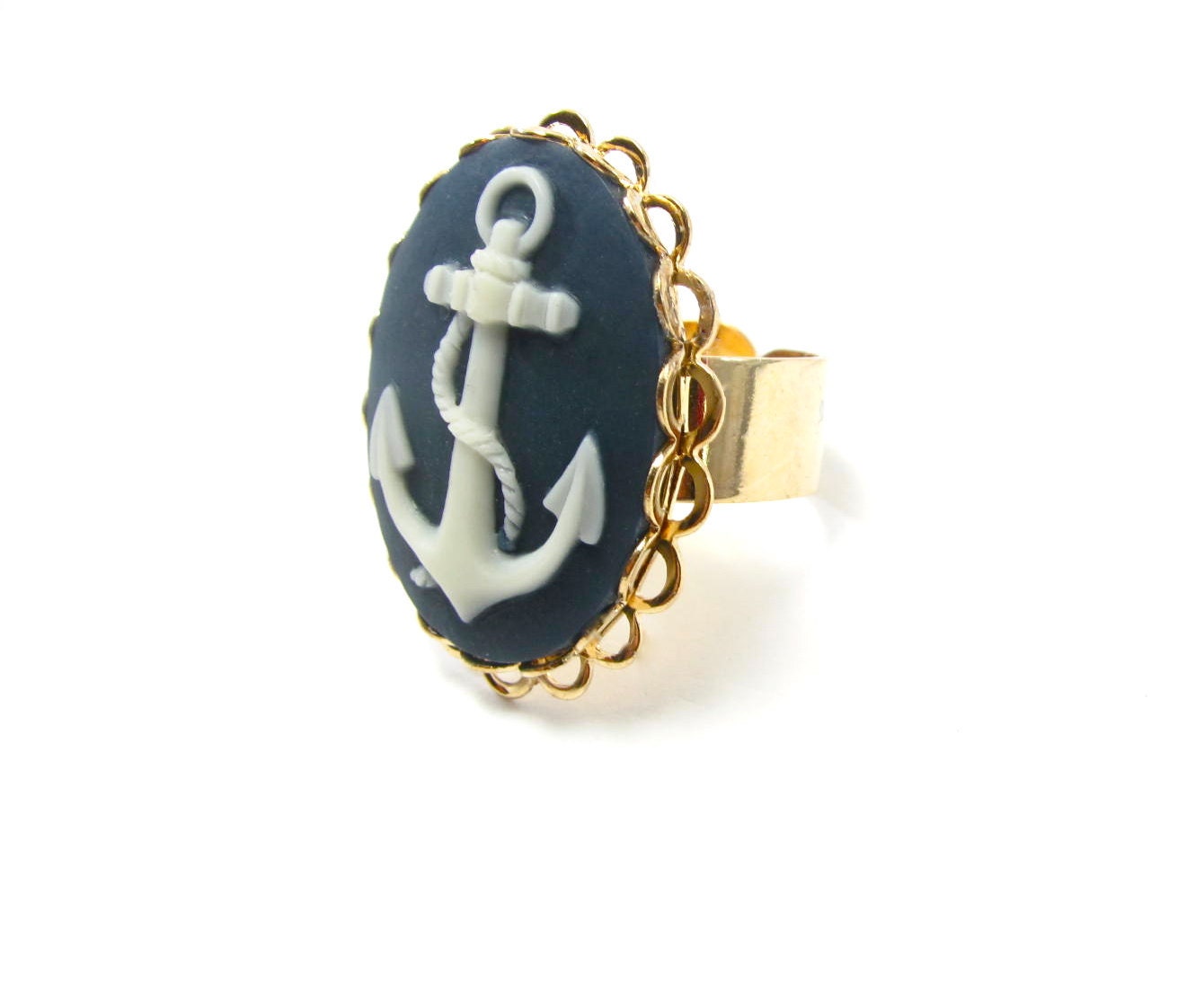 Anchor Cameo Ring - Nautical Navy Blue and White Anchor Ring - Navy and Gold Anchor Jewelry - Nautical Accessory - Nautical Ring
