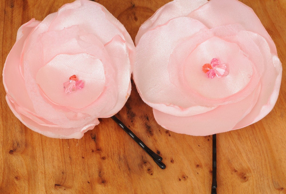 Satin bridal flower pair....Pink Blush .... bridal bobbies