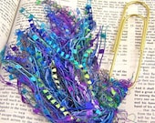 Bookmark -  BIG 4" Oversized Paperclip and Fancy Yarn Fiber Puff Tassel - Blue, Green & Purple Watercolor