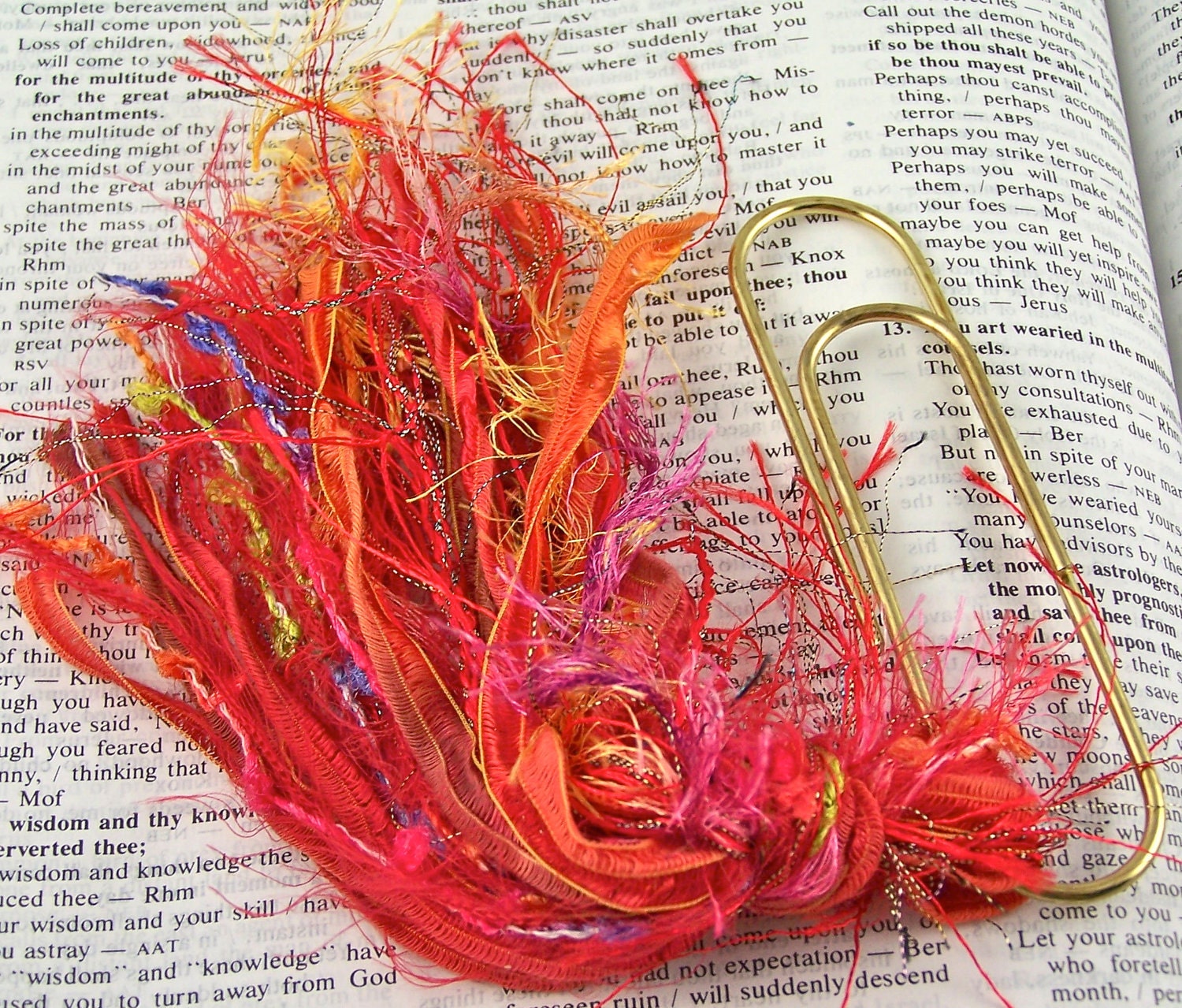 Bookmark Fire Red Novelty Yarn on BIG 4" Paperclip Jumbo - Hot Crimson Orange Fuzzy Fluffy Furry Fiber
