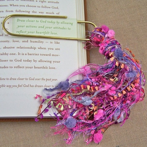 Bookmark -  BIG 4" Oversized Paperclip and Fancy Yarn Fiber Puff Tassel - Magenta, Pink & Purple Watercolor