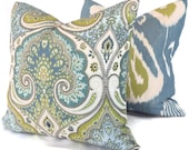 Lime Green and Blue Ikat Pillow Cover  18x18, 20x20 or 22x22