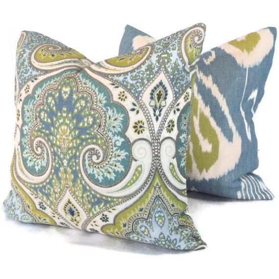 Lime Green and Blue Ikat Pillow Cover 18x18 20x20 or by ...