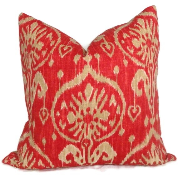 Red and Tan Ikat Decorative Pillow Cover 22x22 by PopOColor