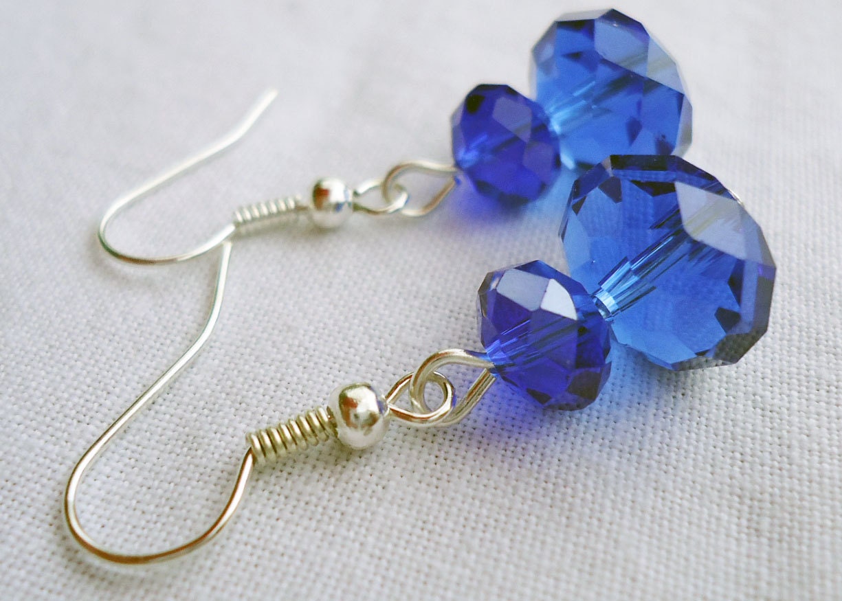 Earrings Dangle Swarovski Crystal Blue with silver ear wires