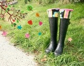 SLUGS Fleece Rain Boot Liners Hot Pink with a Floral Hippie Patchwork Cuff, Garden Chic, Spring Fashion (Sm/Med 6-8 Boot)