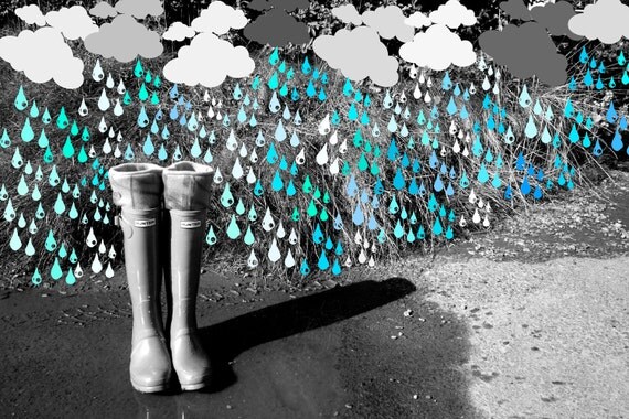 Fleece Rain Boot Wellington Liners SLUGS in Turquoise with a Tie-Dye Cuff, Spring Accessory, Rainy Day Style (Med/Lg 9-11 Boot)