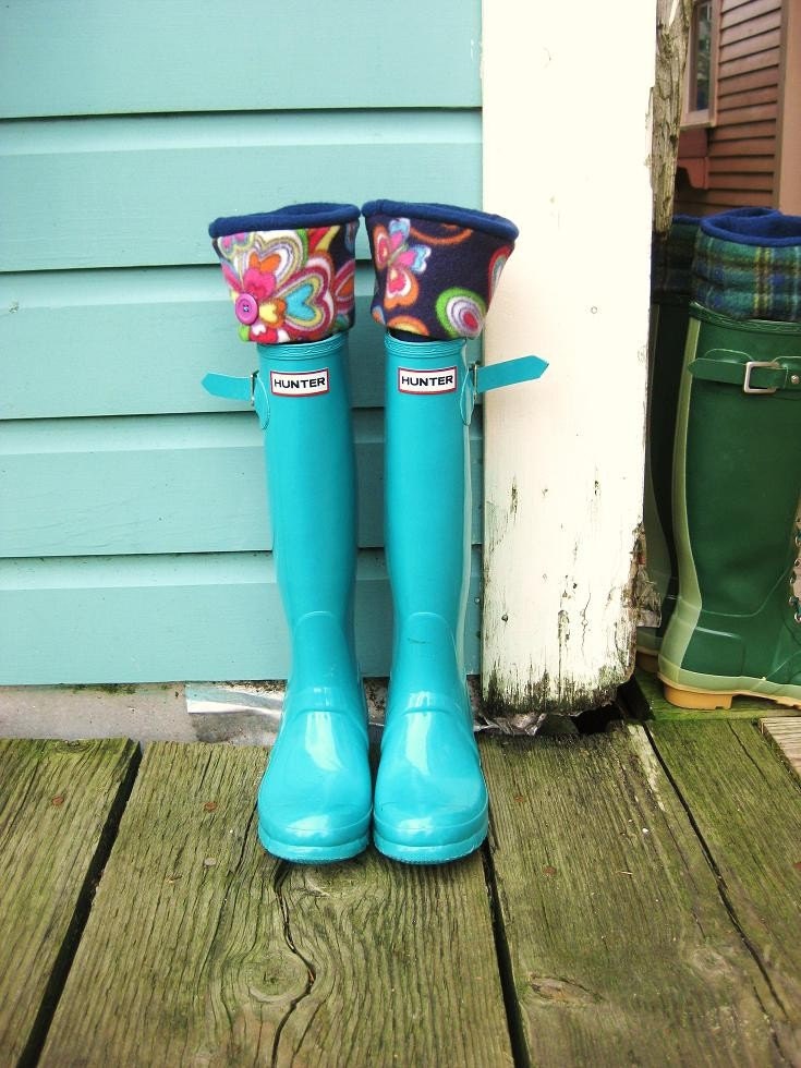 SLUGS Fleece Boot Liners Navy with Neon Retro Floral Pattern Cuff (Sm/Med and Med/Lg).