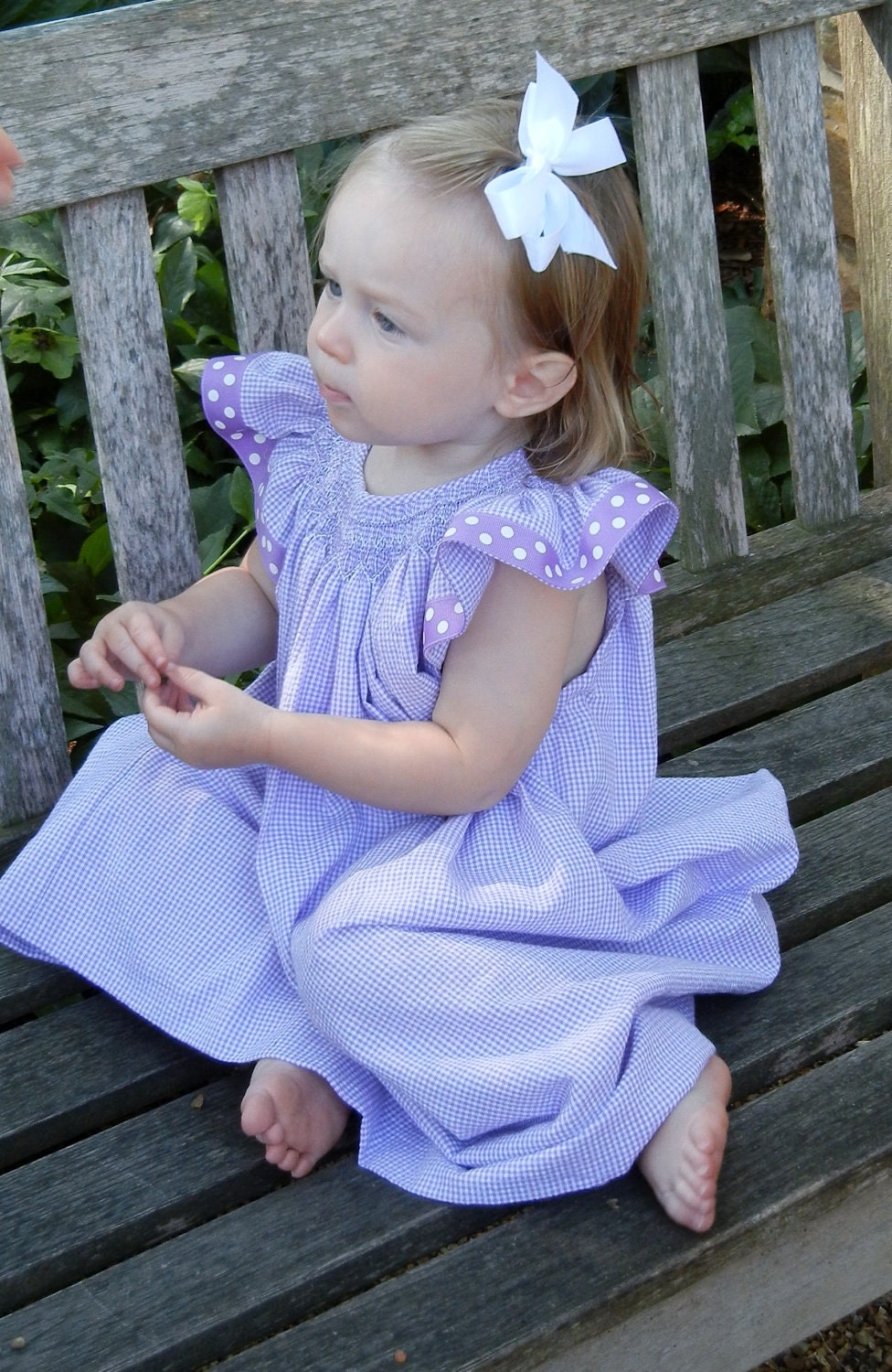 Seersucker Bishop Dress with Angel Wings Ready to Ship