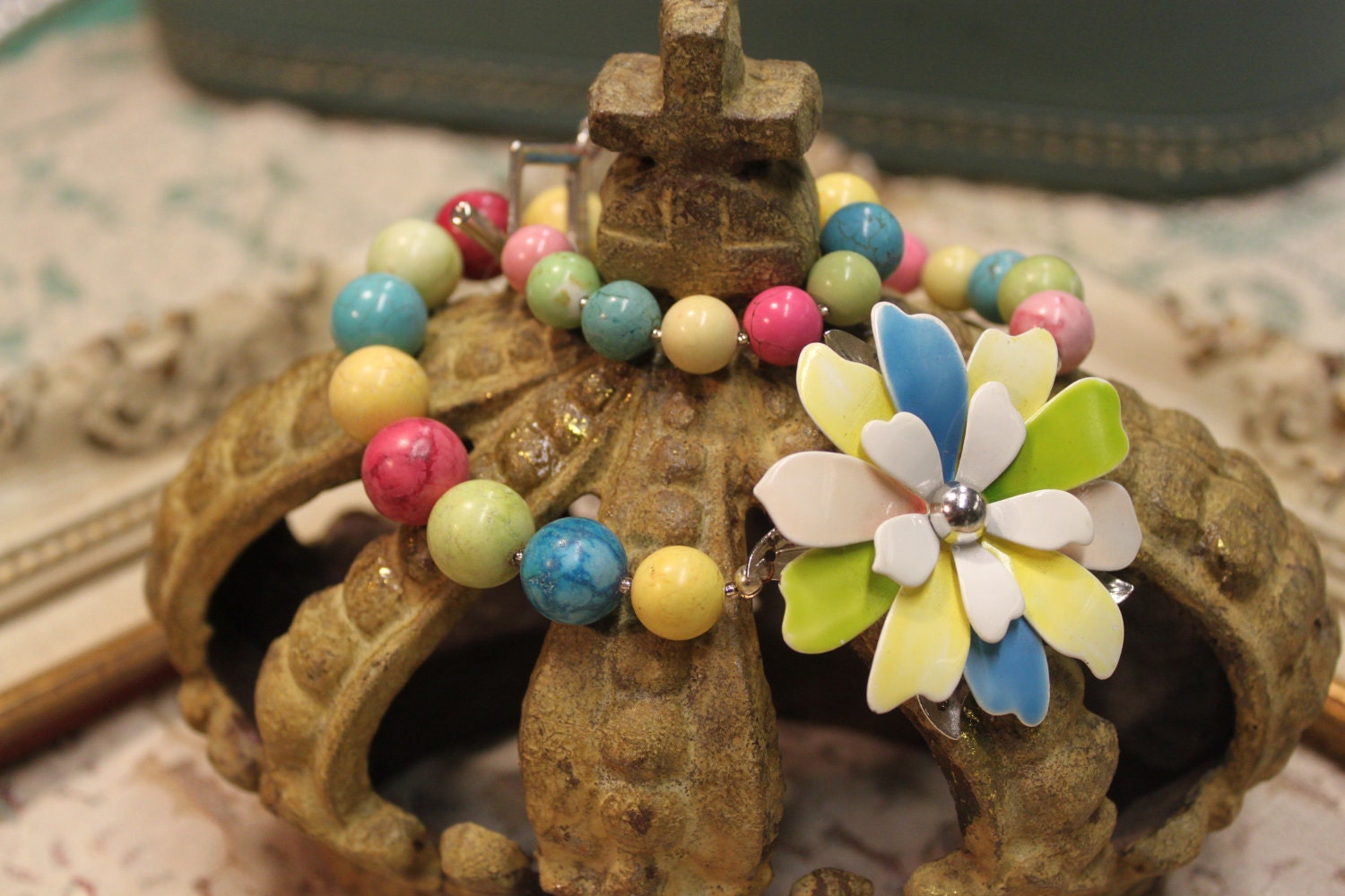 SALE Vintage Assemblage Enamel Flower Colorful Necklace