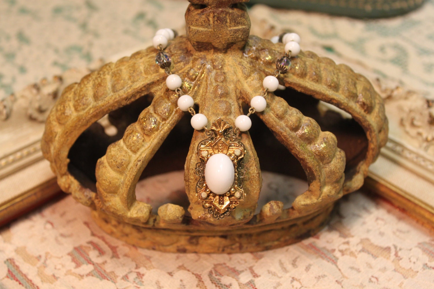 Vintage Assemblage Glass and Crystal Necklace Snow White Sassy Sisters