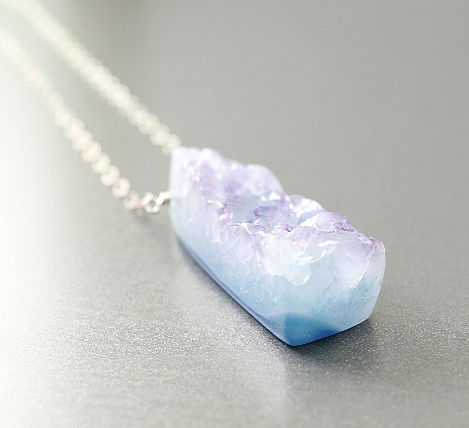 Agate druzy necklace: silver drusy gemstones jewelry blue agate necklace, sterling silver chain necklace, blue