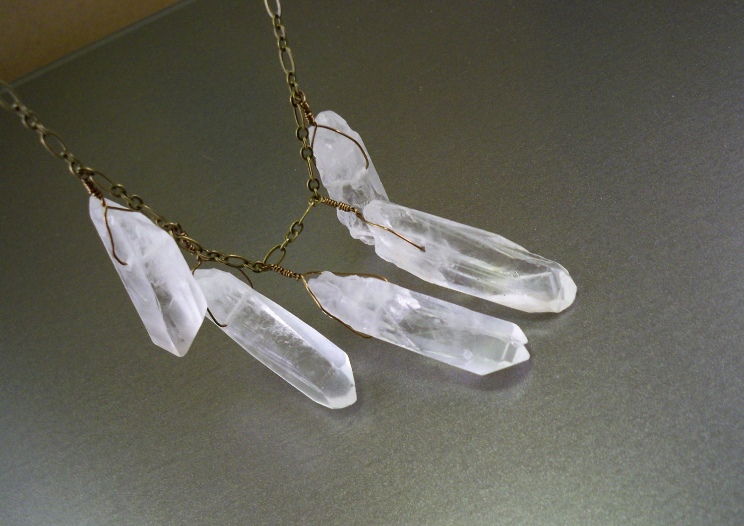Rough quartz necklace: raw clear quartz, Native American necklace natural crystal points primitive tribal boho fashion for women gray grey