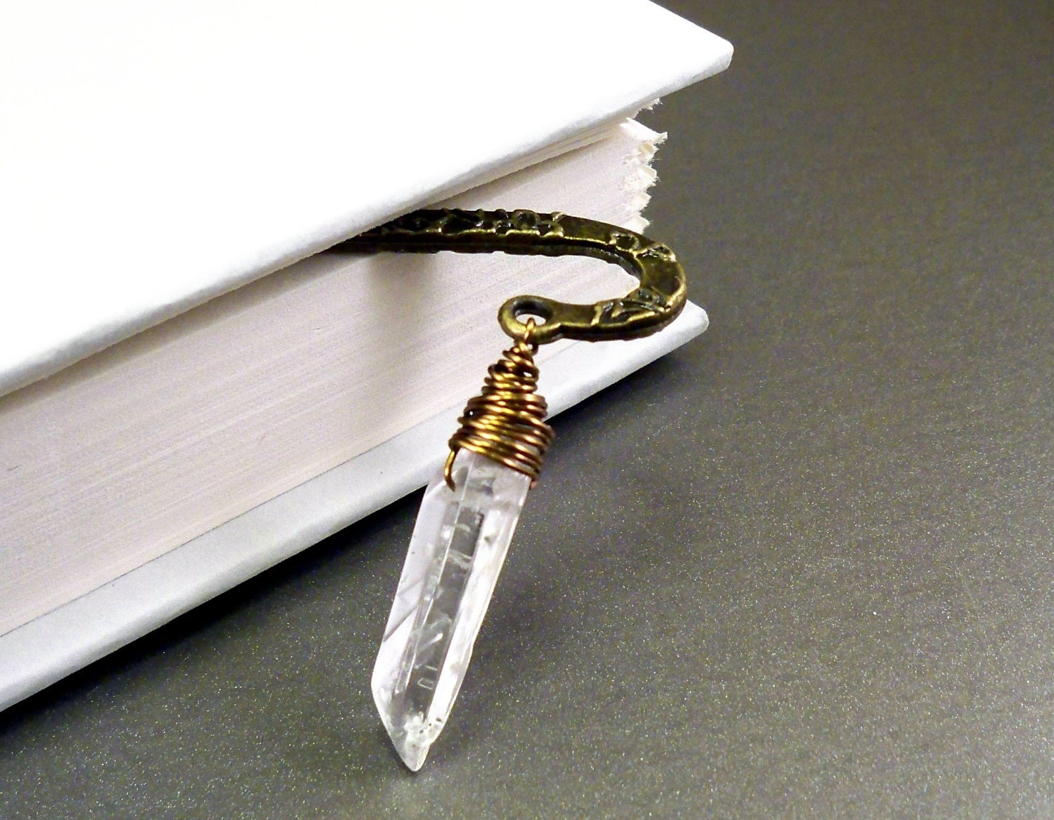 Bookmark: rough stone, raw clear crystal quartz point, natural gemstone, antique bronze, Christmas gift stocking stuffer cyber Monday sale