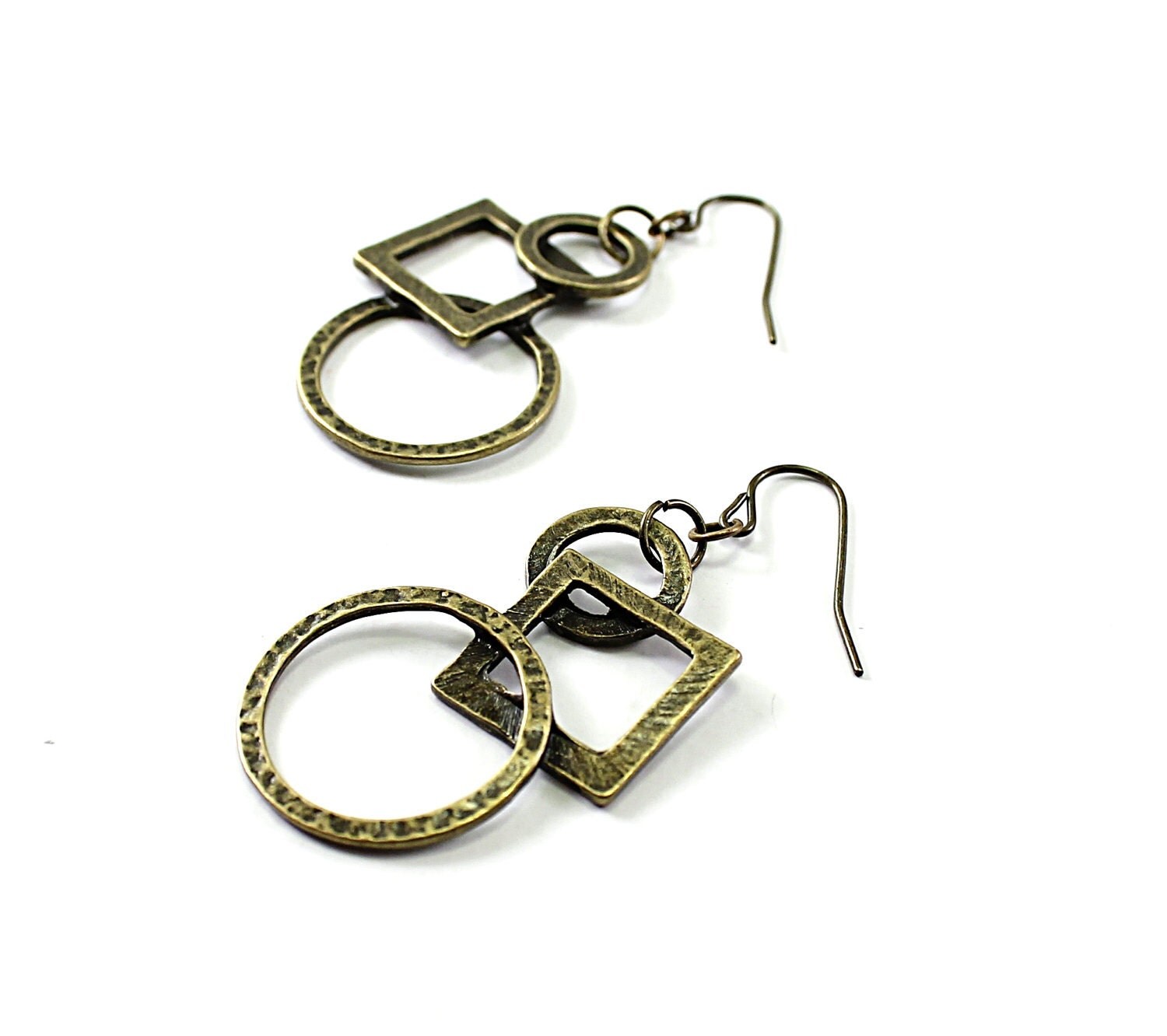 Brass earrings: circle and square earrings, vintage style, round, metal earrings rustic geometric earrings big sepia hammered earrings brown