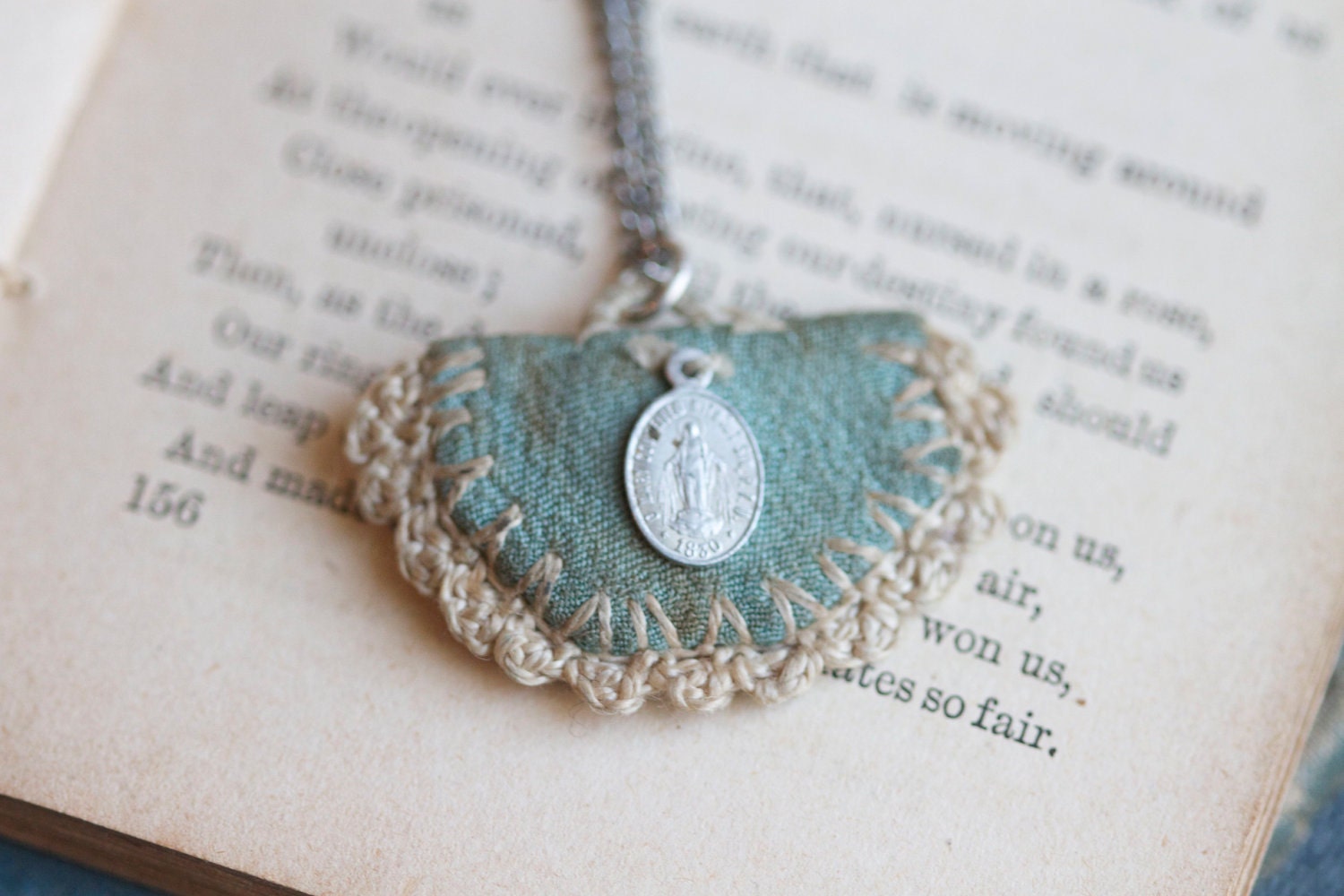 Antique Tiny Pius Medal on Crochet Blue Pendant - Unusual Old Necklace