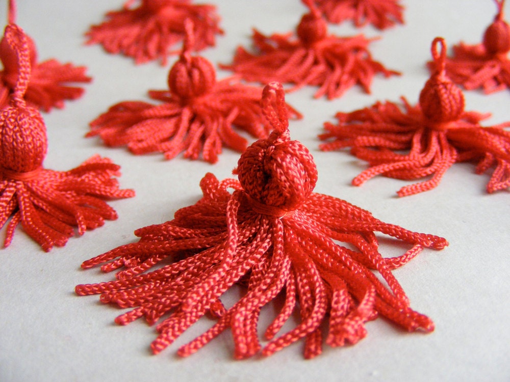 10 Small Red Tassels - for Altered Couture Jewelry Assemblage Embellishments