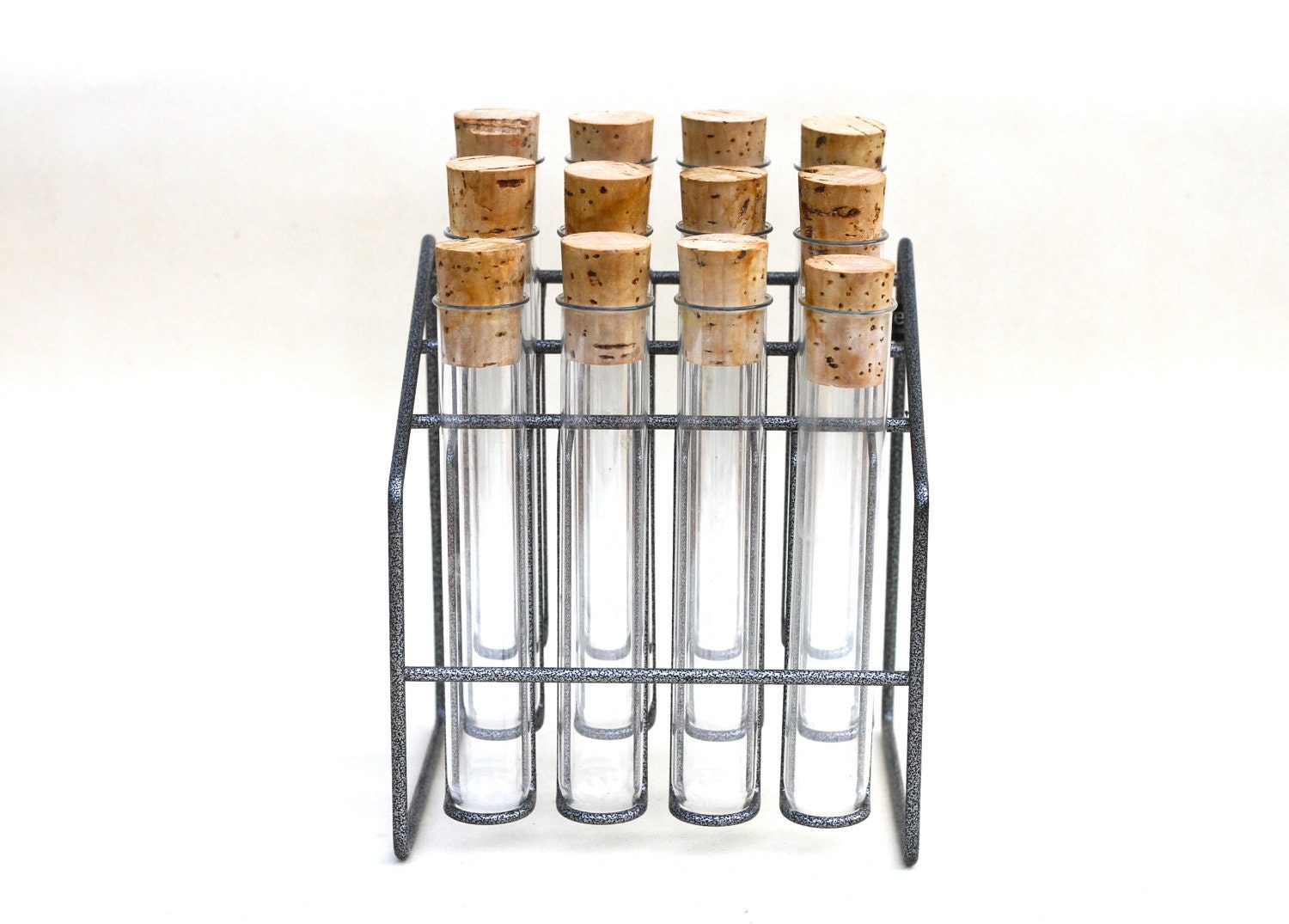 Test Tube Metal Rack with 12 Clear Glass Test Tubes with Cork
