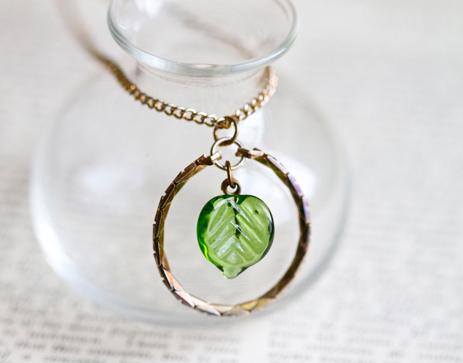 RESERVED for YIN - Brass and Green Glass - Tiny leaf pendant - Unique Repurposed Vintage Jewelry