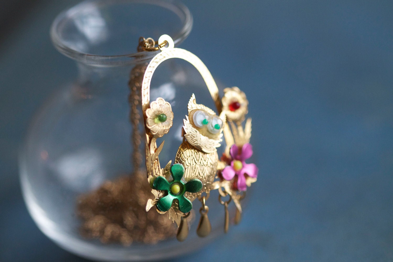 Colorful Owl Pendant on Golden Chain Necklace