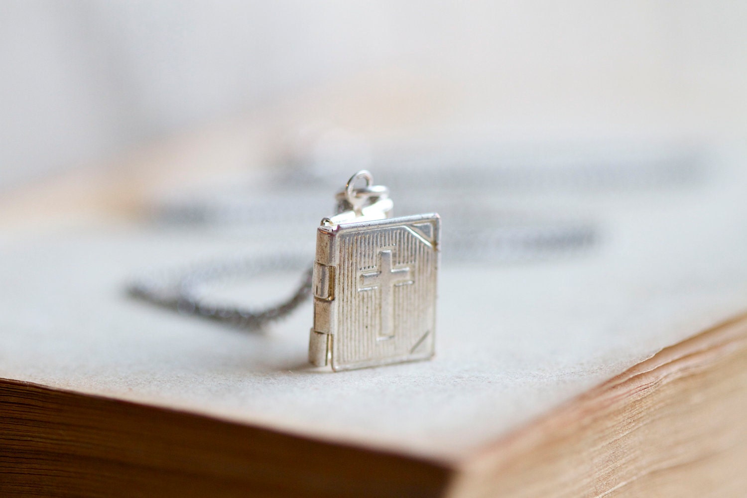 Tiny Weenie Bible locket - Vintage Silvery Pendant on Chain - Religious Necklace