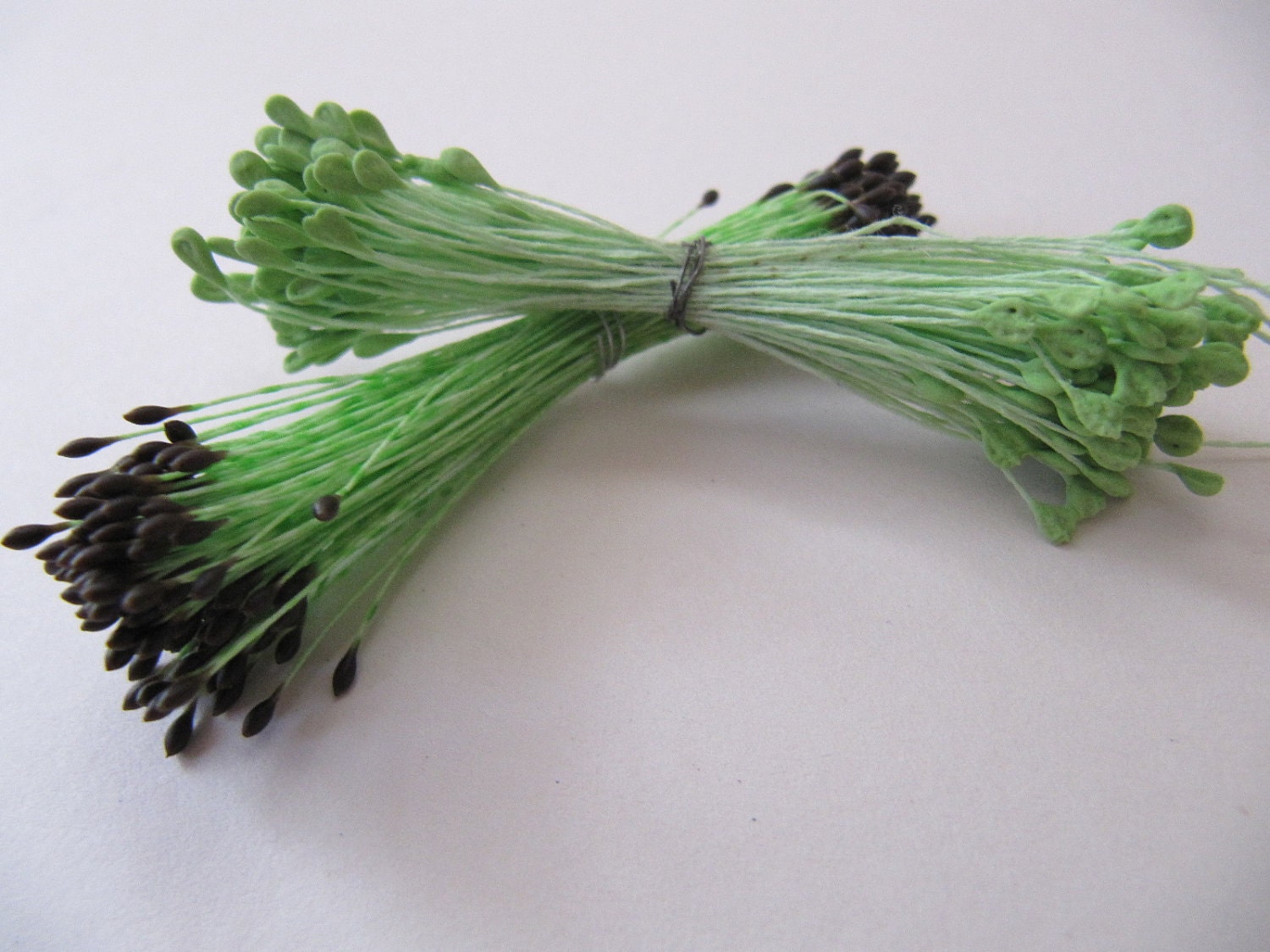 Vintage green Floral stamens, double ended stamens, green black millinery pips, Ribbonwork, Floral projects, mixed media