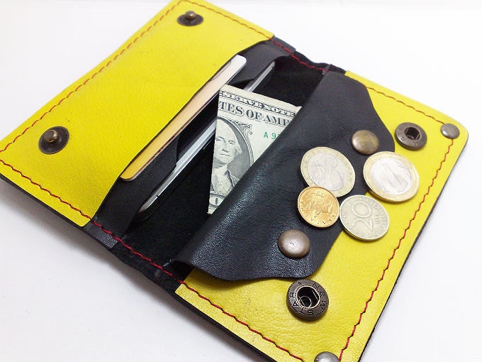 Handmade black and yellow cowhide leather wallet for all iPhone/4S with coin purse leather in handmade cell phone case cards cash coin purse