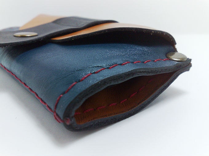 Handcrafted blue and orange cowhide leather wallet iPhone 4S cell phone case cards holder cash coin purse