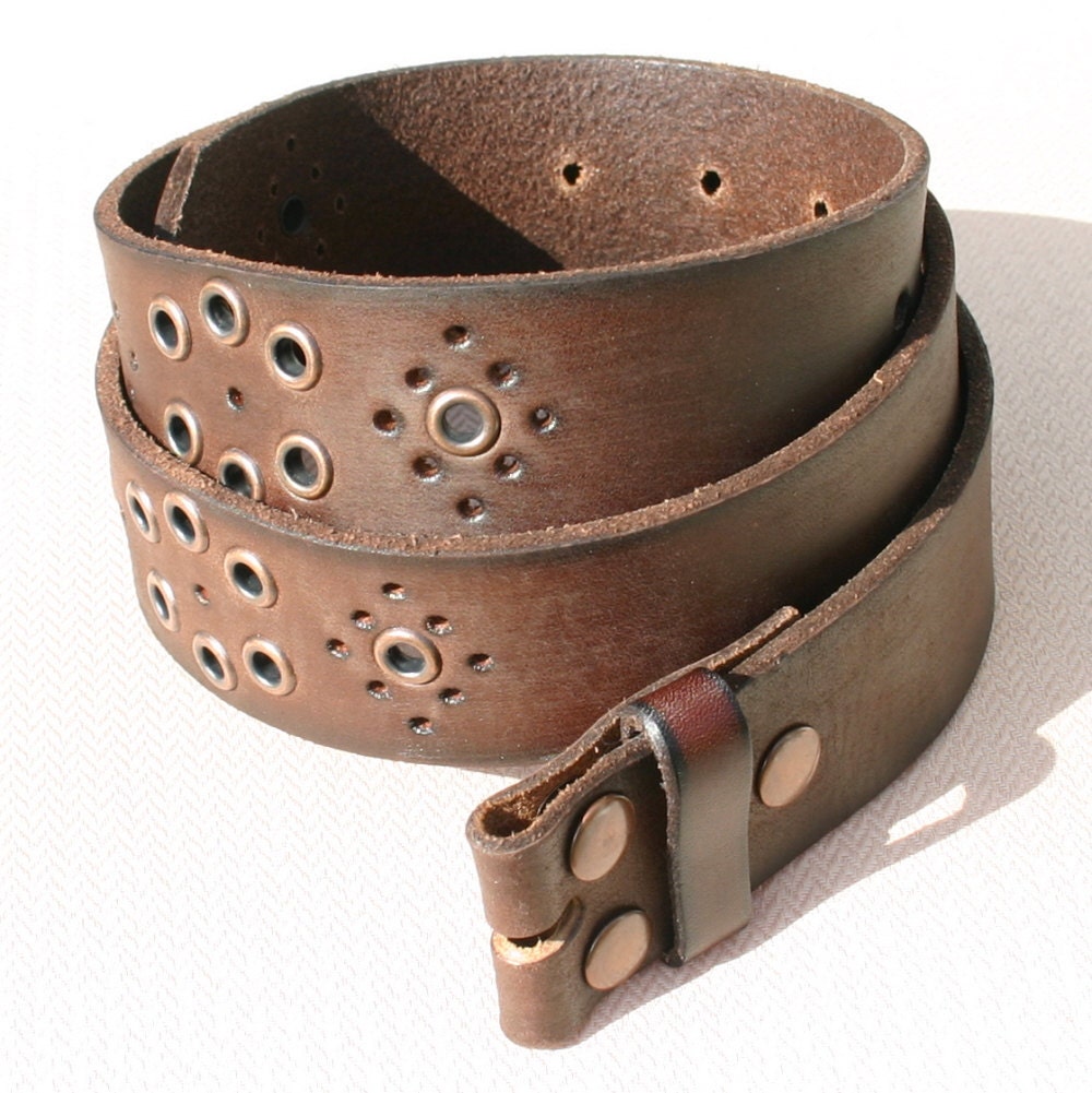30 Inch Oil Tanned Vintage Grommet Full Grain Brown Leather Snap On Belt Strap