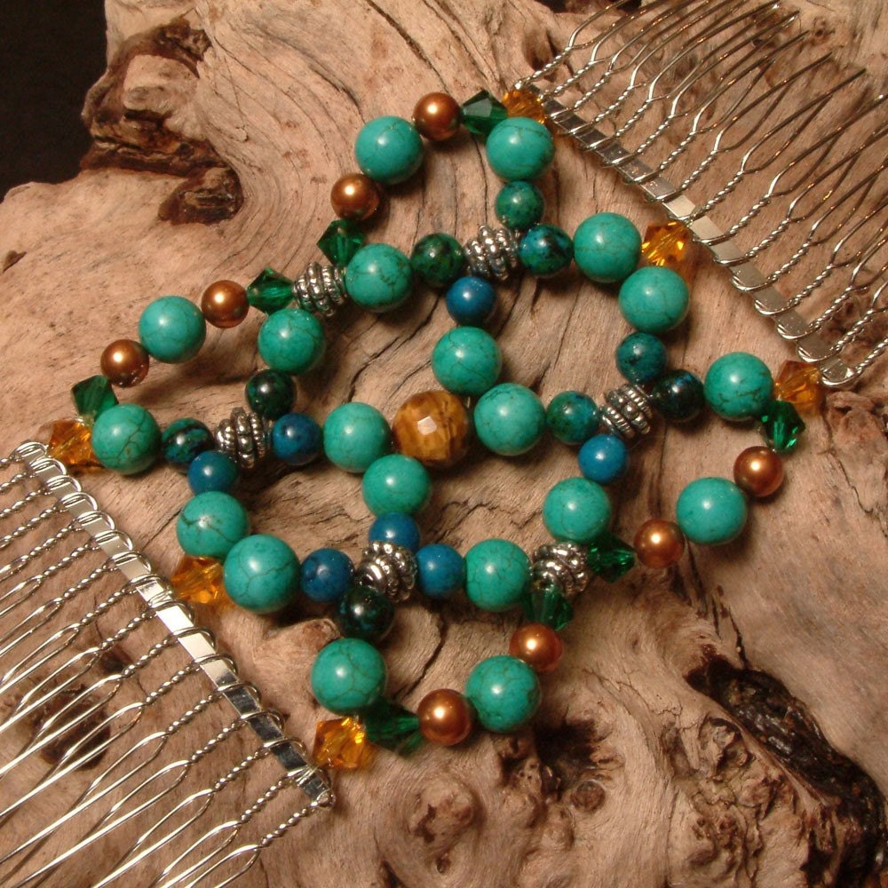 Handcrafted Hair Comb - Semi-precious - Turquoise and Gold - Lost treasure of Atlantis