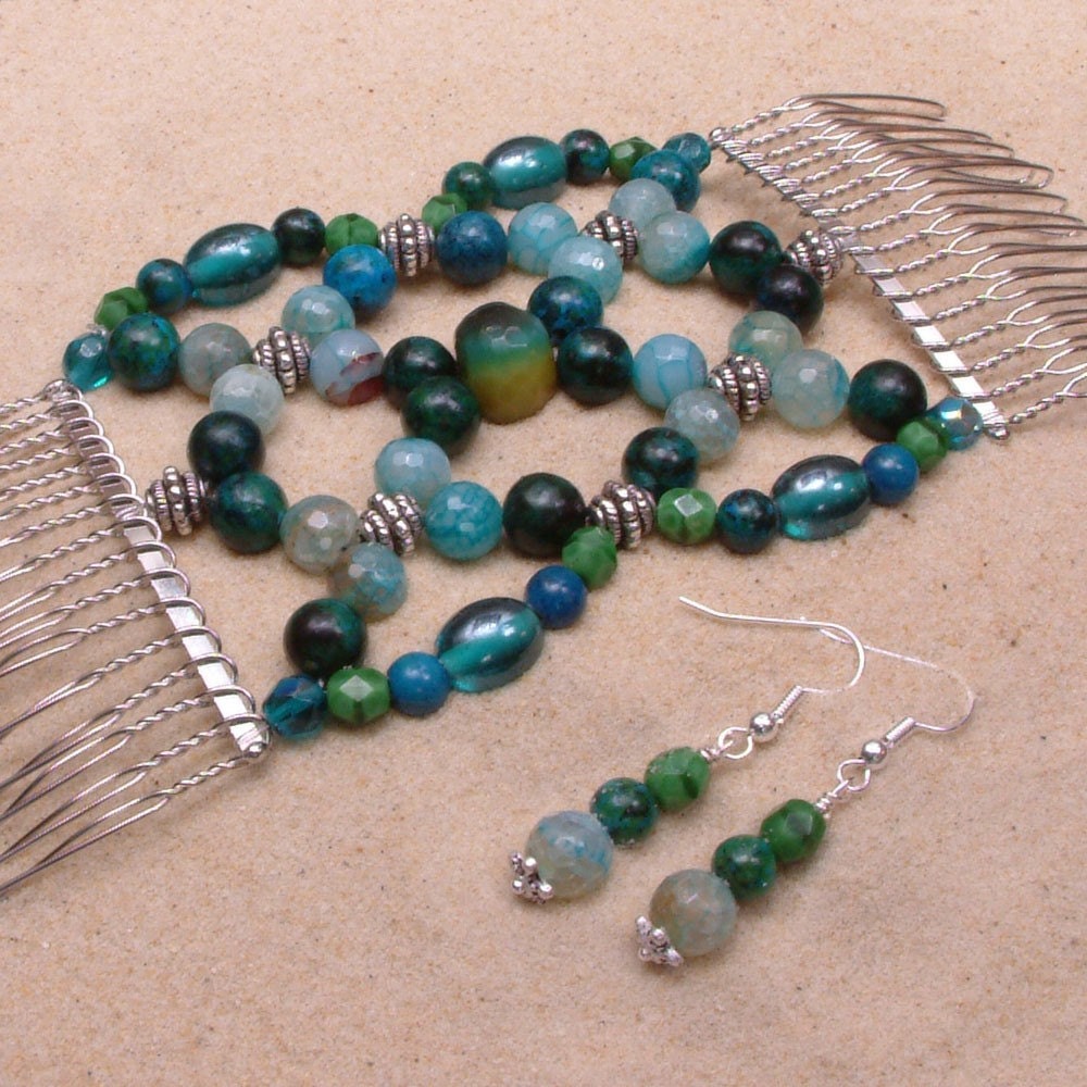 Exclusive Hair Comb and Earrings - Semi Precious Stones - Turquoise Blue - The Sea dragon's treasure